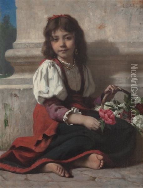 The Little Flower Girl Oil Painting - Francois Alfred Delobbe