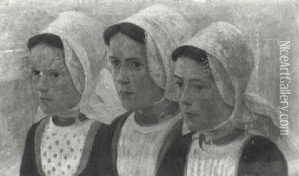 Three Girls In Costume From Zealand Oil Painting - Ferdinand Hart Nibbrig