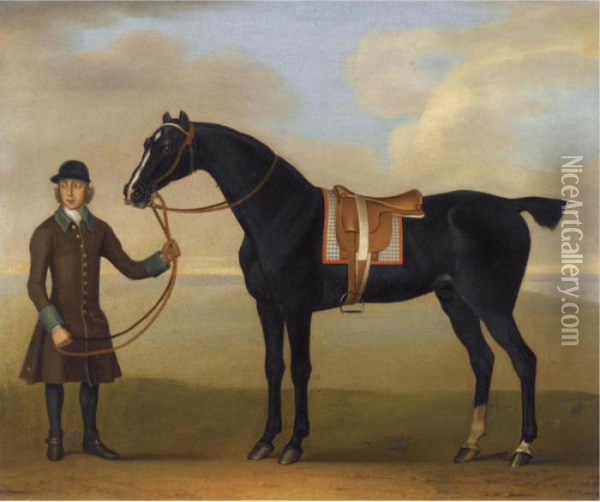The Black Racehorse Molotto Held By A Groom Oil Painting - James Seymour