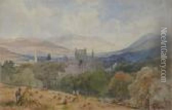 Melrose Abbey Wth Haystacks Oil Painting - Samuel Bough