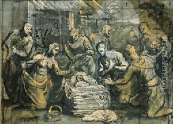 Tintoretto
The Adoration Of The Shepherds
Black Chalk, Oil On Blue Paper, Squared In Black Chalk Oil Painting - Domenico Tintoretto