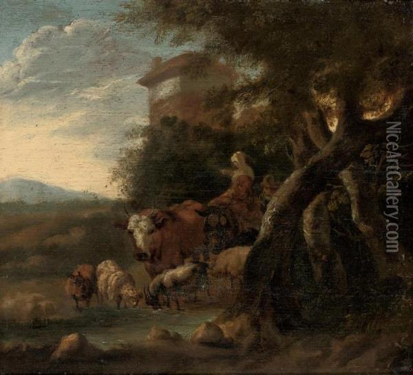 A Wooded Landscape With Cattle Watering And Figures At Rest, A Town Beyond Oil Painting - Adrian Van De Velde