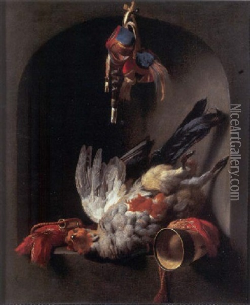 Still Life Of A Partridge And Hawking Equipment In A Niche Oil Painting - Melchior de Hondecoeter