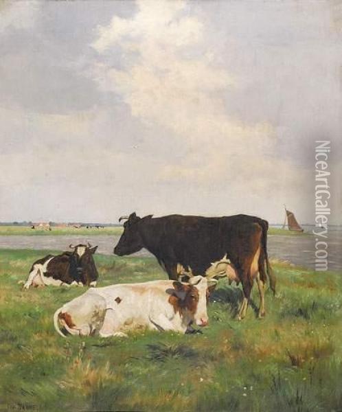 Koeien Bij De Oever Oil Painting - Emile Van Damme-Sylva