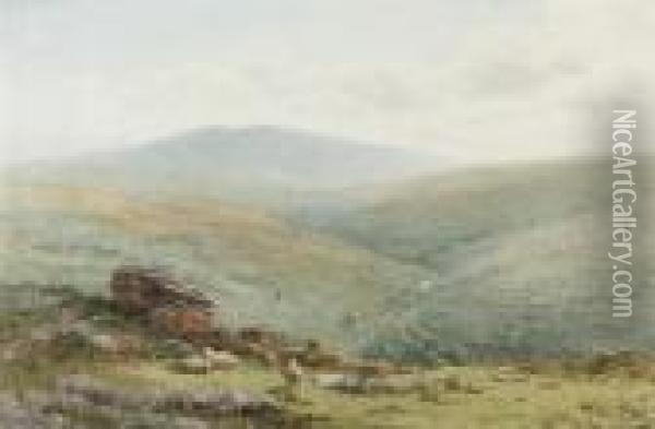An Extensive Moorland Landscape With Sheep Grazing In The Foreground Oil Painting - Harry Sutton Palmer