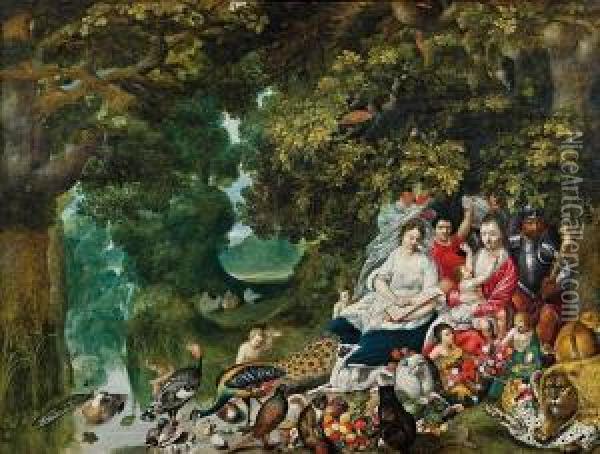 Wooded Landscape With Allegories Of The Four Elements Oil Painting - Adriaan van Stalbemt