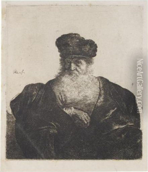 Old Man With Beard, Fur Cap, And Velvet Cloak (b., Holl.262; H.92; Bb.32-2) Oil Painting - Rembrandt Van Rijn