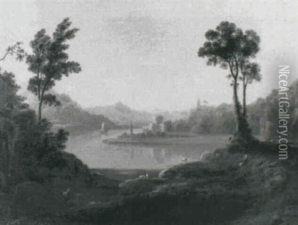 An Extensive Lake View, With A Figure And Goats In The      Foreground Oil Painting - Francis Danby