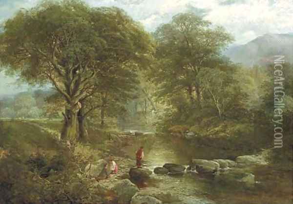 Figures by a River in the Woods Oil Painting - Thomas Creswick