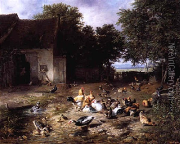 Chicken In A Yard Oil Painting - Carl Jutz the Elder