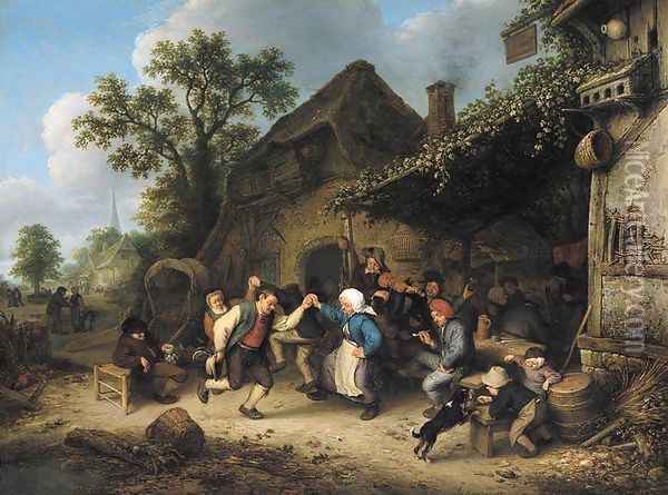 Peasants Carousing and Dancing outside an Inn 1660 Oil Painting - Adriaen Jansz. Van Ostade