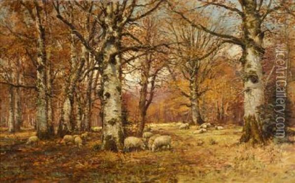 Sheep Grazing In A Woodland Interior Oil Painting - William Preston Phelps