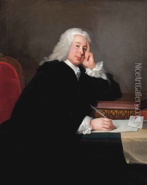Portrait Of Nicholas Hardinge, M.p. (1699-1758), Three-quarter-length, In A Black Mantle, At His Desk, A Quill In His Right Hand Oil Painting - Allan Ramsay