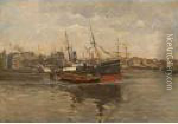 Ships In The Harbour Oil Painting - Heinrich Hermanns