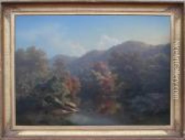 Wissahickan Creek, Autumn Scene With Boater Oil Painting - Paul Weber