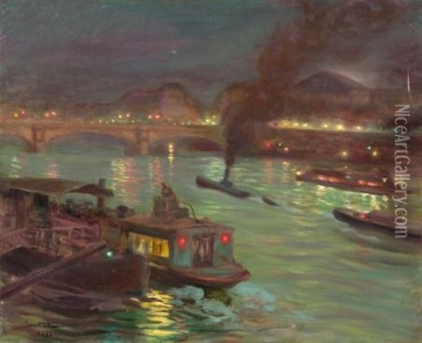 River Scene At Night With Barges Oil Painting - Pierre Georges Jeanniot