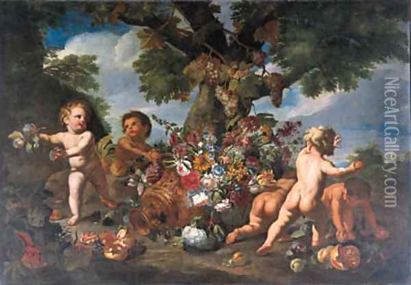 Putti playing with fruit by an upturned urn of flowers Oil Painting - Maximilian Pfeiler
