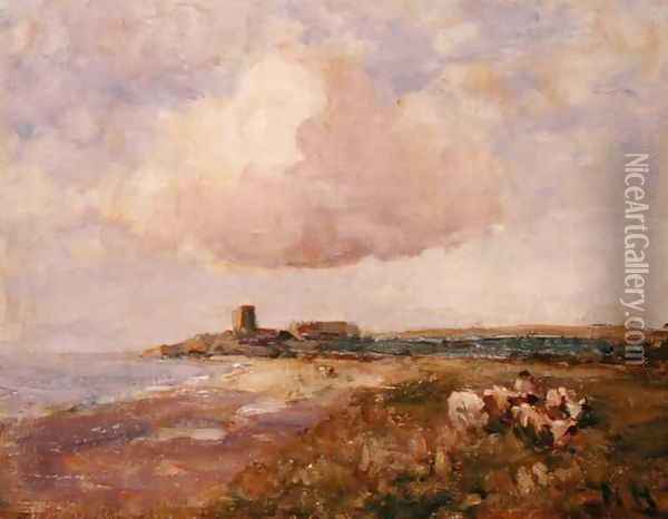 Irish Coastal View with Boy and Cattle Oil Painting - Nathaniel Hone