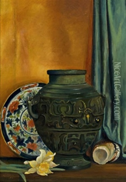 Still Life With Plate And Urn Oil Painting - William Samuel Horton
