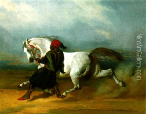 An Arabian With His Groom In A Landscape Oil Painting - Pierre Joseph Dedreux-Dorcy