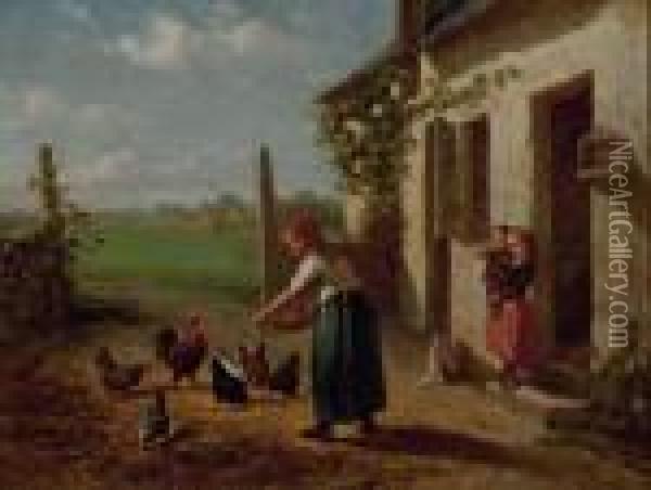 Feeding The Chickens Oil Painting - Elchanon Verveer
