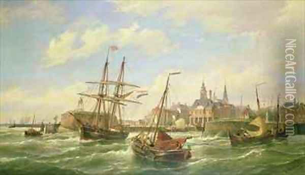 Sailing Vessels off a Dutch Port Oil Painting - Pieter Cornelis Dommerson