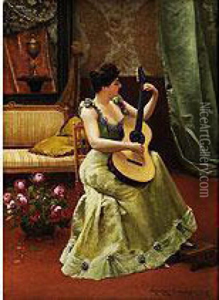 Dame Im Salon Beim Gitarrenspiel Oil Painting - Georges Croegaert