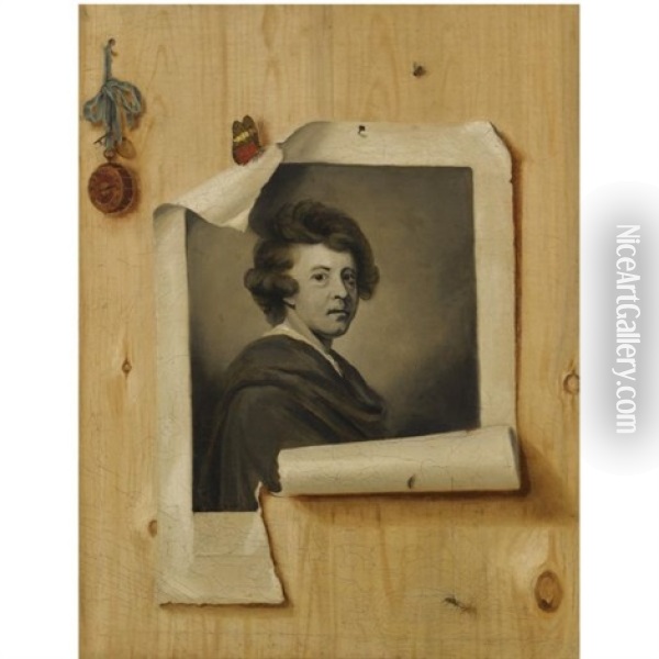 Trompe L'oeil With An Engraving Of The Self Portrait Of Sir Joshua Reynolds's Oil Painting - Strickland Lowry