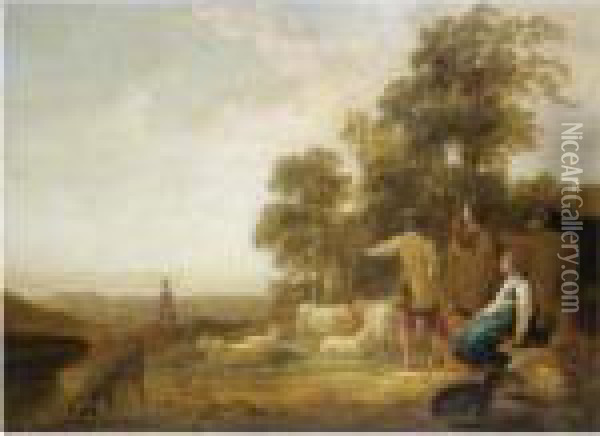 Landscape With Sherpherds And Shepherdesses Near A Well Oil Painting - Aelbert Cuyp