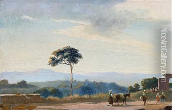Italiensk Landskab Oil Painting - Edvard Frederik Petersen