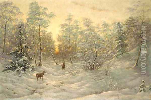 Deer in a snowy landscape at dusk Oil Painting - Ivan Fedorovich Choultse