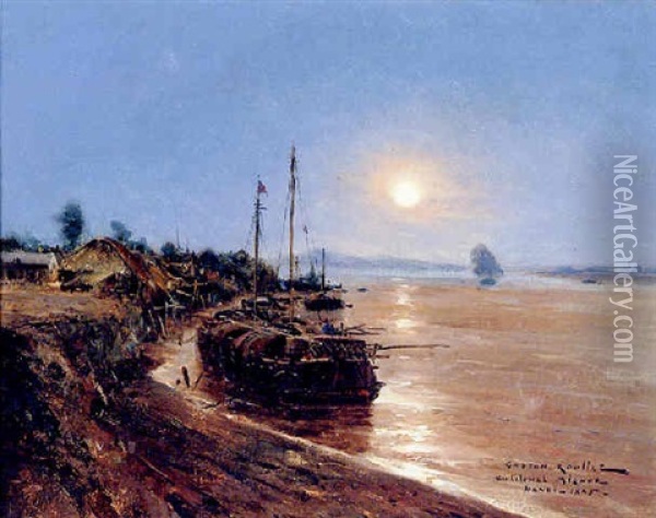 Boats Before A Village By Moonlight, Hanoi Oil Painting - Gaston Marie Anatole Roullet