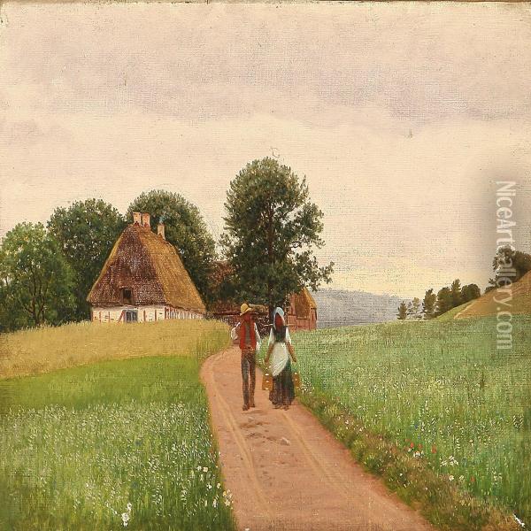 Danish Summer Landscapewith Two Farmers Oil Painting - Hans Gabriel Friis