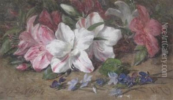 Azaleas And Violets Oil Painting - Joshua Hargrave Sams Mann