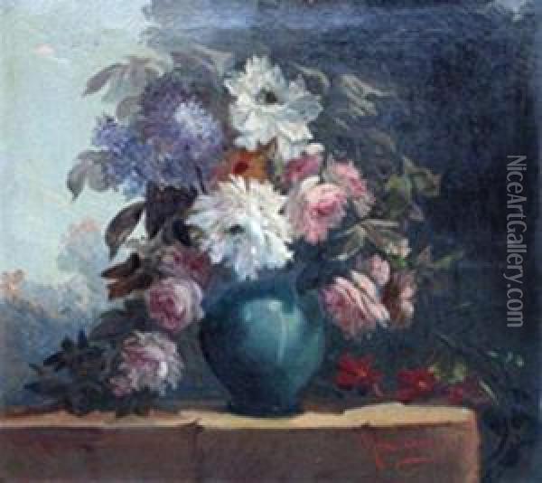 Bouquet De Fleurs Sur Un Entablement. Oil Painting - Emile Alfred Rousseaux