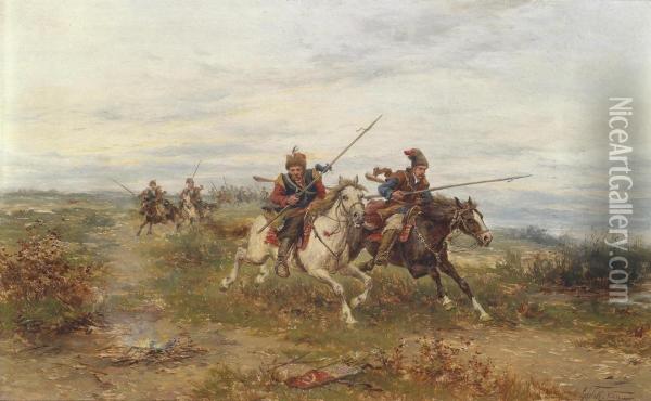 Krakow Cavalry Charge Oil Painting - Ludwik Gedlek