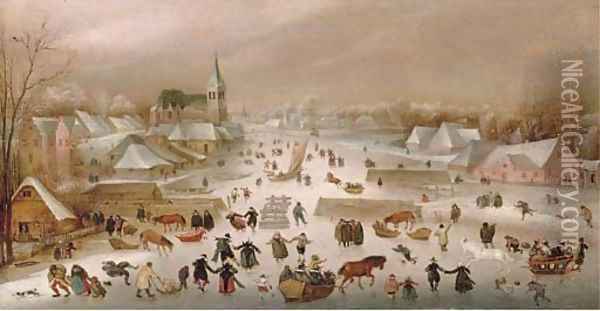 A winter landscape with skaters on a frozen river by a town Oil Painting - Abel Grimmer