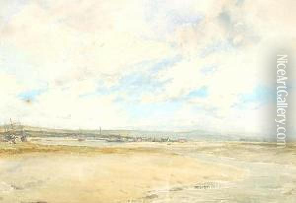 View Of A Beach With A Harbour Beyond Oil Painting - Jules Lessore