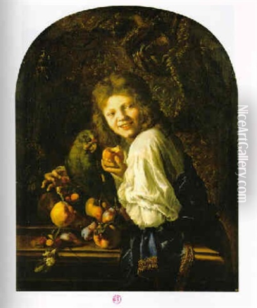 Ritratto Di Fanciullo Con Fragole, Fiori E Frutta, Pesche, Prugne E Un Pappagallo Verde Oil Painting - Mario Nuzzi