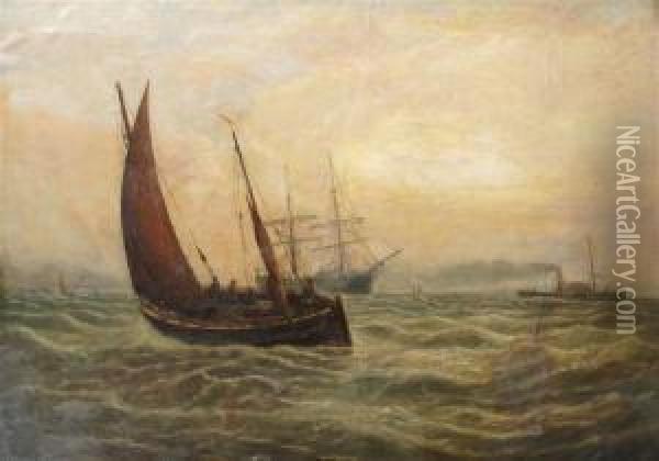 Ships At Sea Oil Painting - Bernard Benedict Hemy