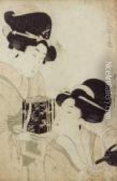 Oban Tate-e Representant Deux 
Bijin, L'une Versant Du The, L'autre Apportant Une Boite En Laque A 
Decor De Bambou. Oil Painting - Kitagawa Utamaro