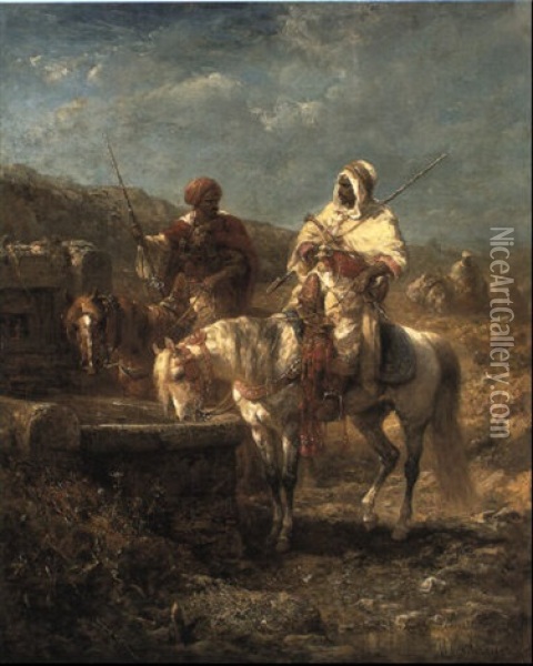 Arab Horsemen At A Well Oil Painting - Adolf Schreyer