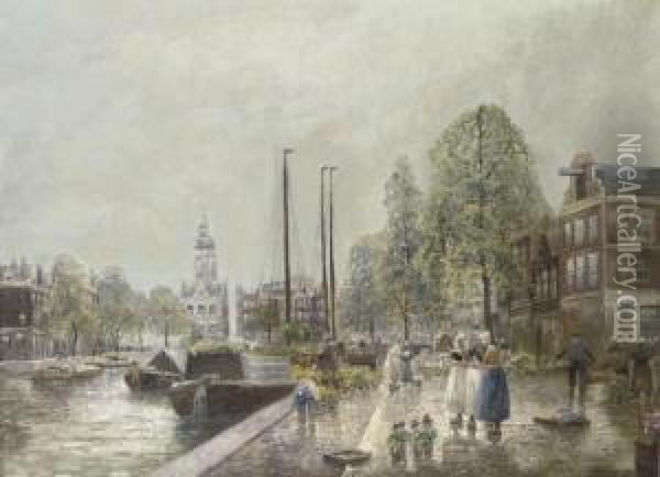 A Summer's Day On The Flowermarket With The Munttoren In The Distance, Amsterdam Oil Painting - Hans Herrmann