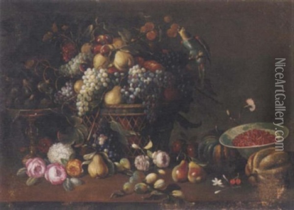 Pears, Grapes, Plums, Apricots And Other Fruit And A Parrot In A Basket, Figs On A Silver Tazza, Cherries In A Bowl With Other Fruit And Flowers On A Wooden Ledge Oil Painting - Abraham Brueghel