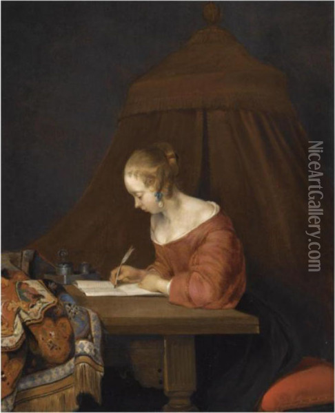 A Young Lady Writing At Her Desk Oil Painting - Gerard Terborch