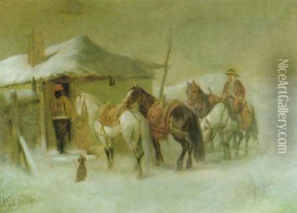 Halt In Der Winterlichen Puszta Oil Painting - Adolf Schreyer