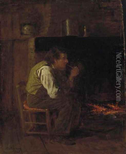 Maine Interior--Man with Pipe Oil Painting - Eastman Johnson