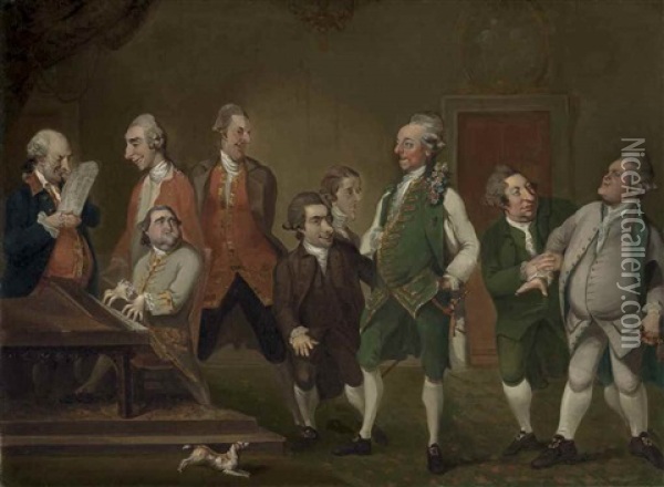 The Leslie Conversation Piece, With Kean O'hara, General William Gardiner, The Earl Of Mornington, Henry Meredyth, Thomas Fortescue , John Prendergast Smyth, Richard Townsend, Sackville Gardiner And Charles Powell Leslie Oil Painting - William Doughty