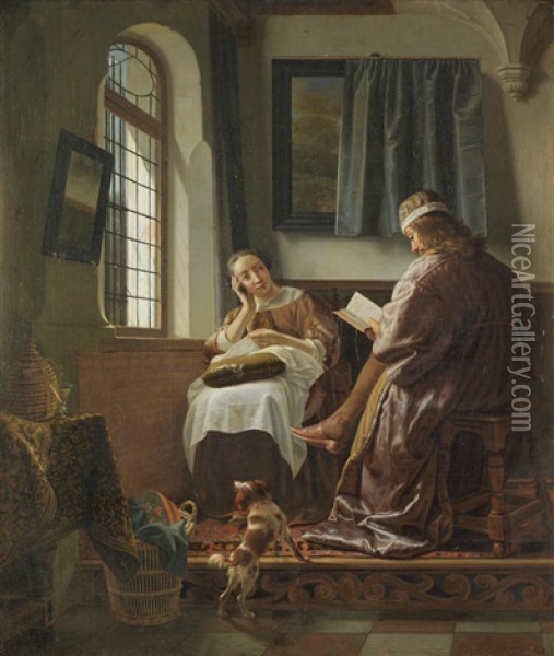 A Lady Sewing And A Gentleman Reading In An Interior Oil Painting - Cornelis De Man
