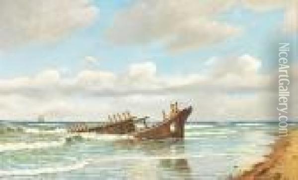 Beach Scenery With A Ship Wreck Oil Painting - Christian Vigilius Blache